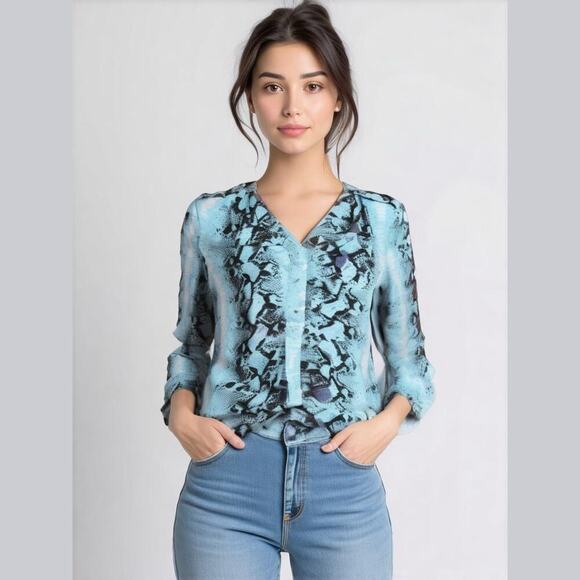 Jennifer & Grace Tunic Top Women Large Blue Brown Snake Print 3/4 Button Nature - Picture 1 of 13